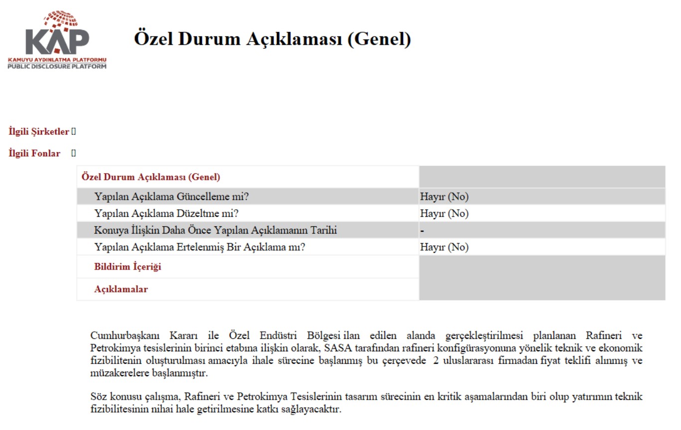 SASA Rafineri İhalesine Başladı: Açılışta Pozitif Beklenti | AnlikDoviz.co